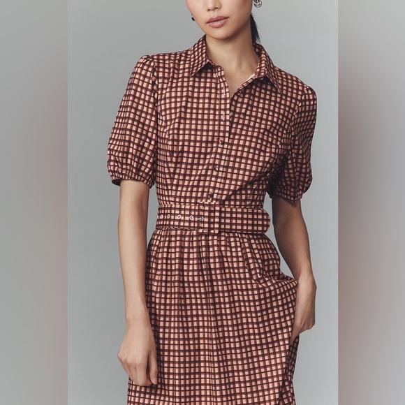 princess polly baby blue dress Anthropologie-Hutch Parker Short-Sleeve Belted Midi Dress in Brown Plaid